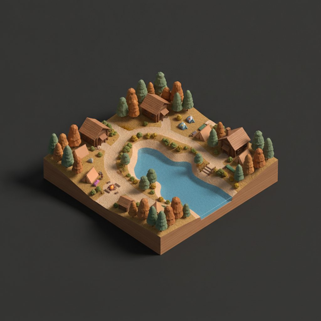 A place redrawn as a warm amber miniature-model diorama