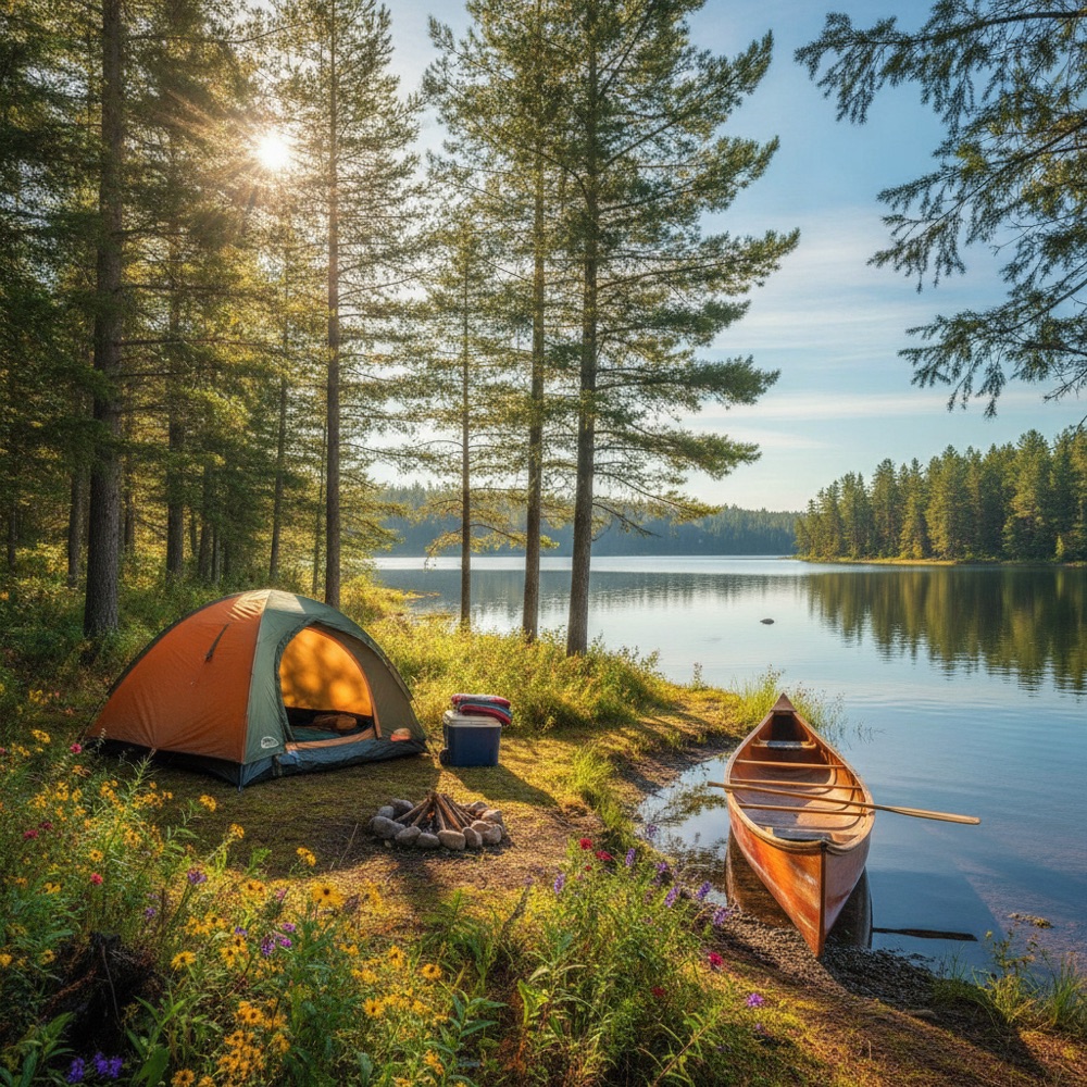 A real photo of a cove campsite — tent, fire pit, and canoe by the lake — with labeled pins dropped on it